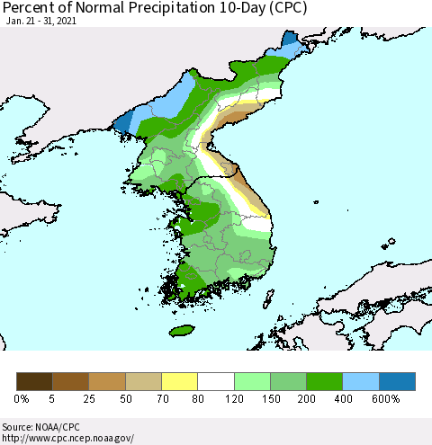 Korea Percent of Normal Precipitation 10-Day (CPC) Thematic Map For 1/21/2021 - 1/31/2021