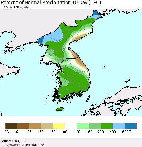 Korea Percent of Normal Precipitation 10-Day (CPC) Thematic Map For 1/26/2021 - 2/5/2021