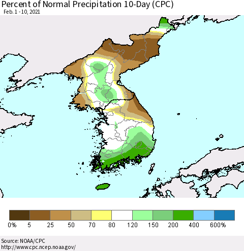 Korea Percent of Normal Precipitation 10-Day (CPC) Thematic Map For 2/1/2021 - 2/10/2021