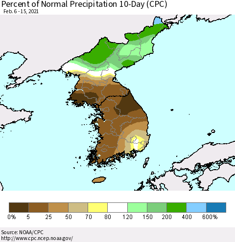 Korea Percent of Normal Precipitation 10-Day (CPC) Thematic Map For 2/6/2021 - 2/15/2021
