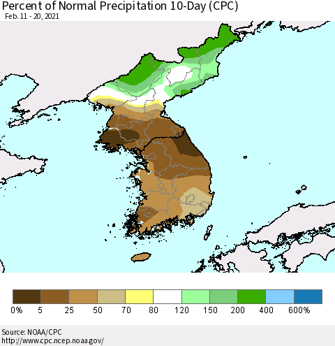 Korea Percent of Normal Precipitation 10-Day (CPC) Thematic Map For 2/11/2021 - 2/20/2021