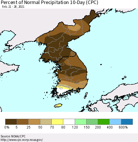 Korea Percent of Normal Precipitation 10-Day (CPC) Thematic Map For 2/21/2021 - 2/28/2021