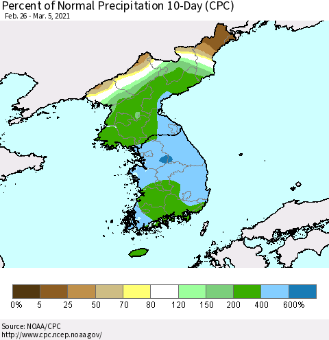 Korea Percent of Normal Precipitation 10-Day (CPC) Thematic Map For 2/26/2021 - 3/5/2021