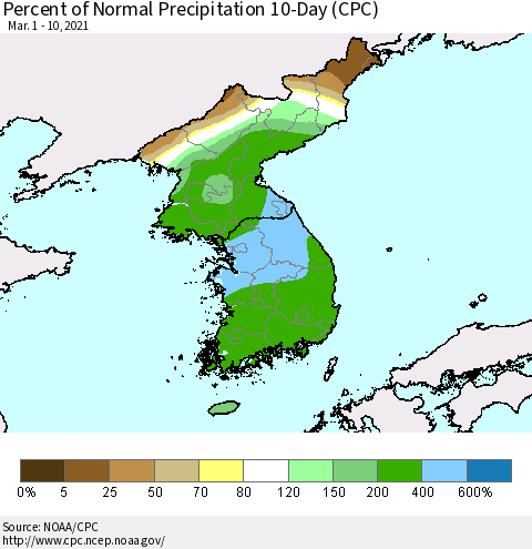 Korea Percent of Normal Precipitation 10-Day (CPC) Thematic Map For 3/1/2021 - 3/10/2021