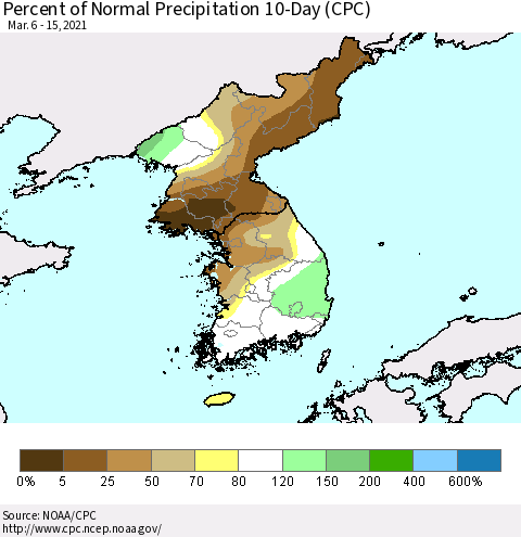Korea Percent of Normal Precipitation 10-Day (CPC) Thematic Map For 3/6/2021 - 3/15/2021