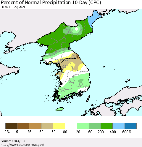 Korea Percent of Normal Precipitation 10-Day (CPC) Thematic Map For 3/11/2021 - 3/20/2021