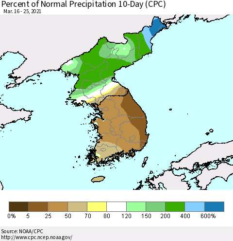 Korea Percent of Normal Precipitation 10-Day (CPC) Thematic Map For 3/16/2021 - 3/25/2021