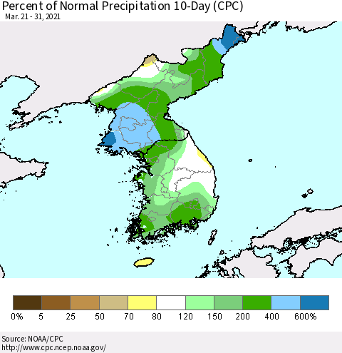 Korea Percent of Normal Precipitation 10-Day (CPC) Thematic Map For 3/21/2021 - 3/31/2021