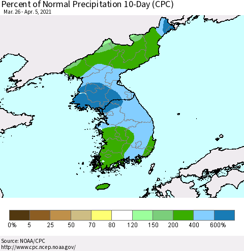 Korea Percent of Normal Precipitation 10-Day (CPC) Thematic Map For 3/26/2021 - 4/5/2021