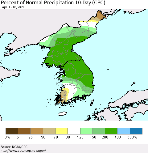 Korea Percent of Normal Precipitation 10-Day (CPC) Thematic Map For 4/1/2021 - 4/10/2021