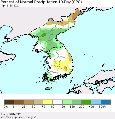 Korea Percent of Normal Precipitation 10-Day (CPC) Thematic Map For 4/6/2021 - 4/15/2021