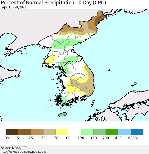 Korea Percent of Normal Precipitation 10-Day (CPC) Thematic Map For 4/11/2021 - 4/20/2021