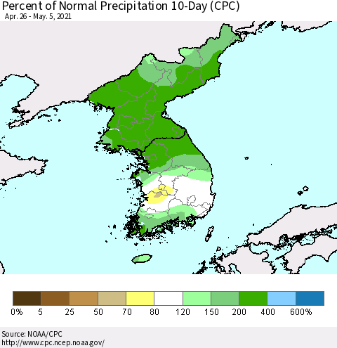 Korea Percent of Normal Precipitation 10-Day (CPC) Thematic Map For 4/26/2021 - 5/5/2021