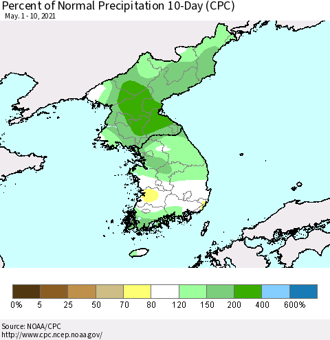 Korea Percent of Normal Precipitation 10-Day (CPC) Thematic Map For 5/1/2021 - 5/10/2021