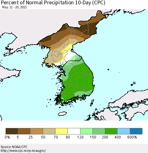 Korea Percent of Normal Precipitation 10-Day (CPC) Thematic Map For 5/11/2021 - 5/20/2021
