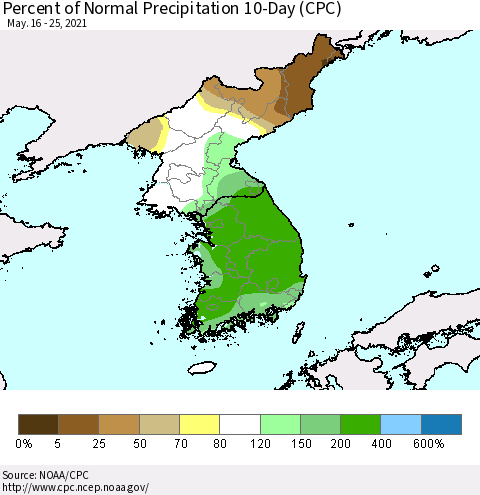 Korea Percent of Normal Precipitation 10-Day (CPC) Thematic Map For 5/16/2021 - 5/25/2021