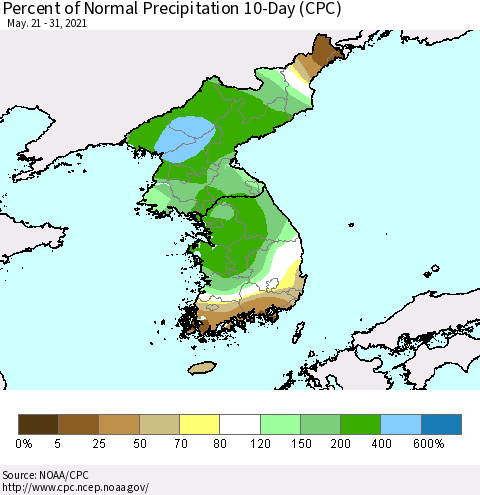 Korea Percent of Normal Precipitation 10-Day (CPC) Thematic Map For 5/21/2021 - 5/31/2021