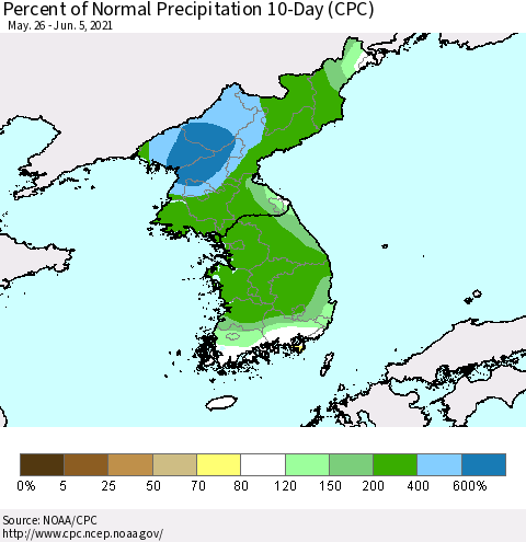 Korea Percent of Normal Precipitation 10-Day (CPC) Thematic Map For 5/26/2021 - 6/5/2021
