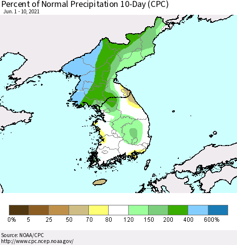 Korea Percent of Normal Precipitation 10-Day (CPC) Thematic Map For 6/1/2021 - 6/10/2021