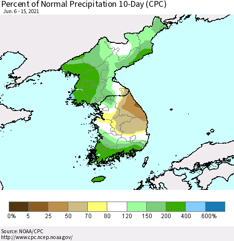 Korea Percent of Normal Precipitation 10-Day (CPC) Thematic Map For 6/6/2021 - 6/15/2021