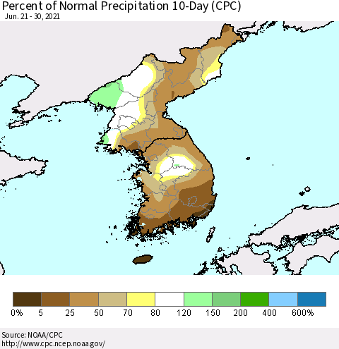 Korea Percent of Normal Precipitation 10-Day (CPC) Thematic Map For 6/21/2021 - 6/30/2021