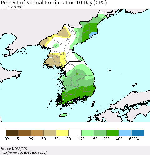Korea Percent of Normal Precipitation 10-Day (CPC) Thematic Map For 7/1/2021 - 7/10/2021