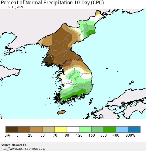 Korea Percent of Normal Precipitation 10-Day (CPC) Thematic Map For 7/6/2021 - 7/15/2021