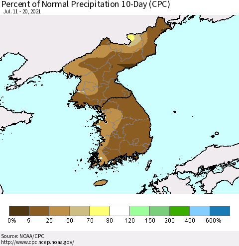 Korea Percent of Normal Precipitation 10-Day (CPC) Thematic Map For 7/11/2021 - 7/20/2021