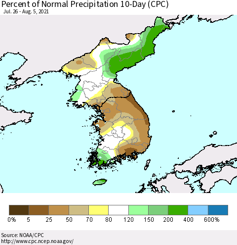 Korea Percent of Normal Precipitation 10-Day (CPC) Thematic Map For 7/26/2021 - 8/5/2021