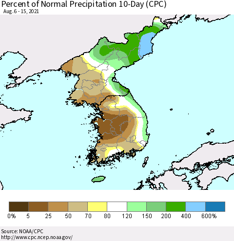 Korea Percent of Normal Precipitation 10-Day (CPC) Thematic Map For 8/6/2021 - 8/15/2021