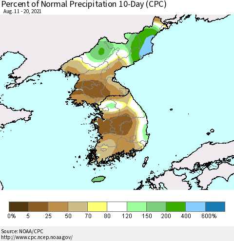 Korea Percent of Normal Precipitation 10-Day (CPC) Thematic Map For 8/11/2021 - 8/20/2021