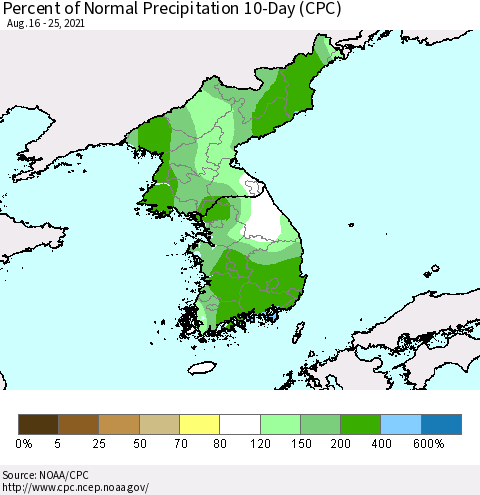 Korea Percent of Normal Precipitation 10-Day (CPC) Thematic Map For 8/16/2021 - 8/25/2021