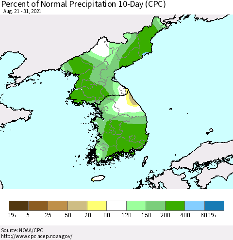 Korea Percent of Normal Precipitation 10-Day (CPC) Thematic Map For 8/21/2021 - 8/31/2021