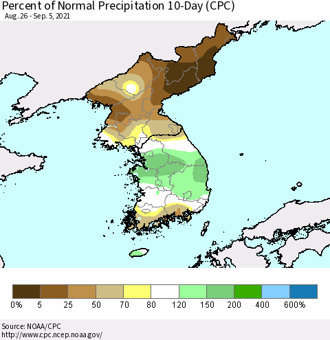 Korea Percent of Normal Precipitation 10-Day (CPC) Thematic Map For 8/26/2021 - 9/5/2021