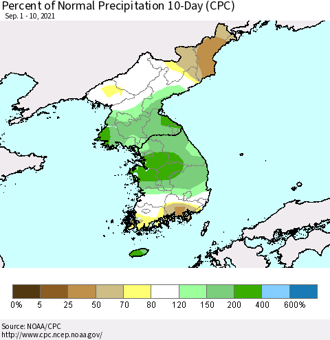 Korea Percent of Normal Precipitation 10-Day (CPC) Thematic Map For 9/1/2021 - 9/10/2021
