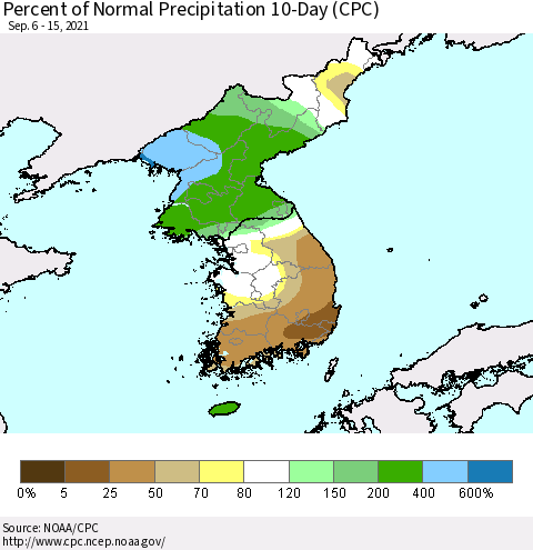 Korea Percent of Normal Precipitation 10-Day (CPC) Thematic Map For 9/6/2021 - 9/15/2021