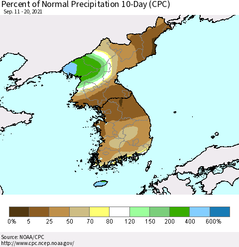 Korea Percent of Normal Precipitation 10-Day (CPC) Thematic Map For 9/11/2021 - 9/20/2021