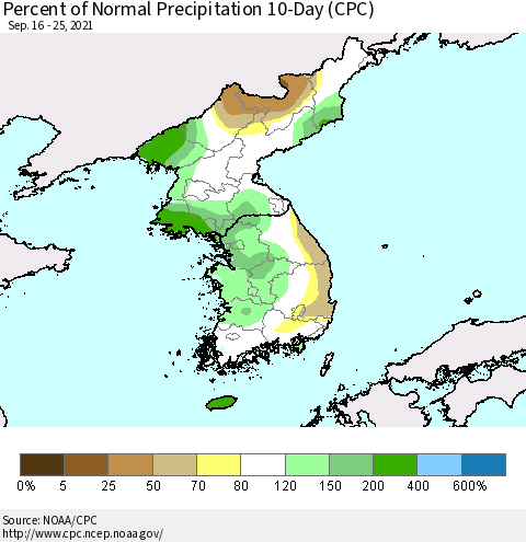 Korea Percent of Normal Precipitation 10-Day (CPC) Thematic Map For 9/16/2021 - 9/25/2021