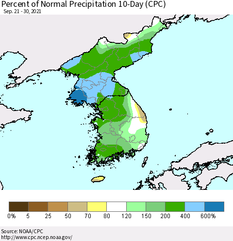 Korea Percent of Normal Precipitation 10-Day (CPC) Thematic Map For 9/21/2021 - 9/30/2021