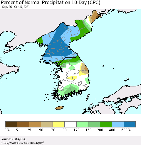 Korea Percent of Normal Precipitation 10-Day (CPC) Thematic Map For 9/26/2021 - 10/5/2021