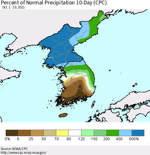 Korea Percent of Normal Precipitation 10-Day (CPC) Thematic Map For 10/1/2021 - 10/10/2021