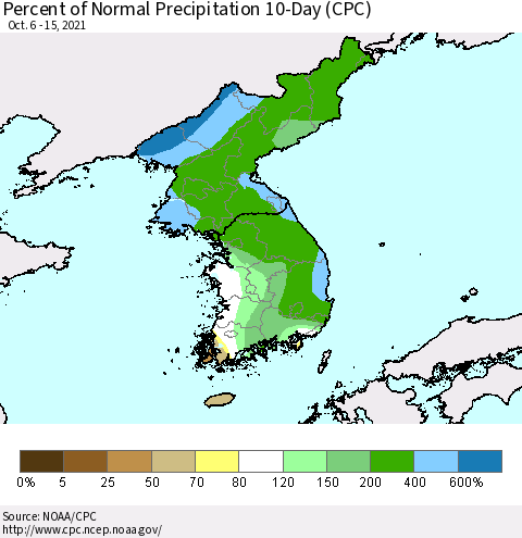 Korea Percent of Normal Precipitation 10-Day (CPC) Thematic Map For 10/6/2021 - 10/15/2021