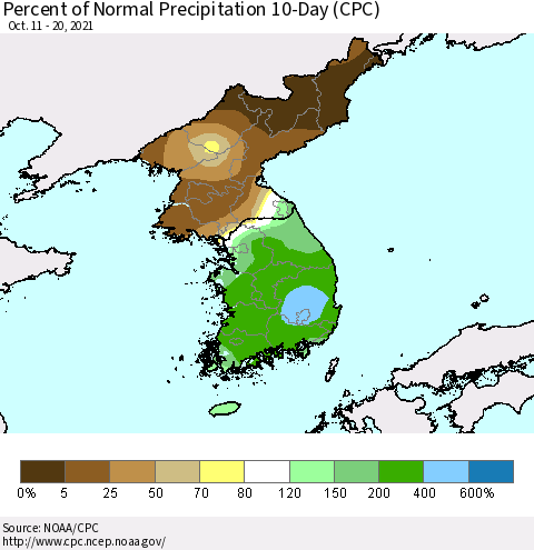 Korea Percent of Normal Precipitation 10-Day (CPC) Thematic Map For 10/11/2021 - 10/20/2021