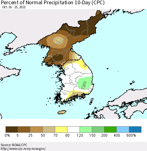 Korea Percent of Normal Precipitation 10-Day (CPC) Thematic Map For 10/16/2021 - 10/25/2021