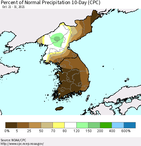 Korea Percent of Normal Precipitation 10-Day (CPC) Thematic Map For 10/21/2021 - 10/31/2021