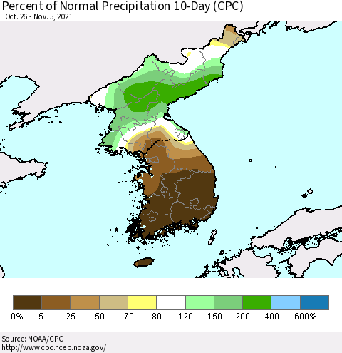 Korea Percent of Normal Precipitation 10-Day (CPC) Thematic Map For 10/26/2021 - 11/5/2021
