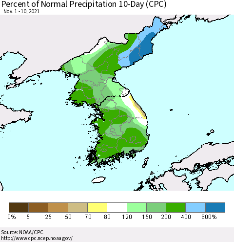 Korea Percent of Normal Precipitation 10-Day (CPC) Thematic Map For 11/1/2021 - 11/10/2021