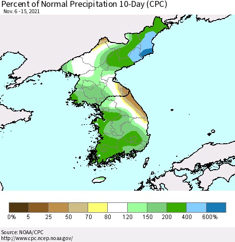 Korea Percent of Normal Precipitation 10-Day (CPC) Thematic Map For 11/6/2021 - 11/15/2021