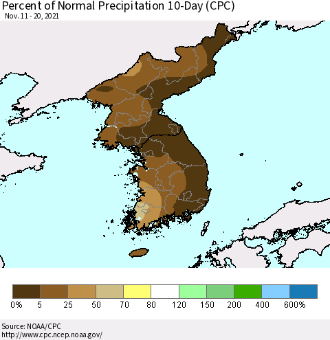 Korea Percent of Normal Precipitation 10-Day (CPC) Thematic Map For 11/11/2021 - 11/20/2021
