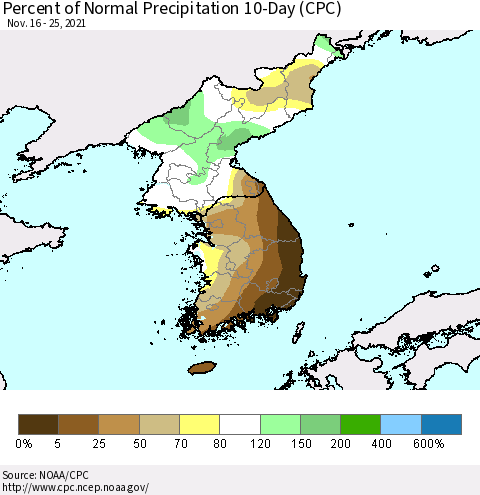 Korea Percent of Normal Precipitation 10-Day (CPC) Thematic Map For 11/16/2021 - 11/25/2021